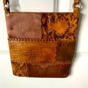 Fossil Vintage Patchwork Brown and Tan Leather Crossbody Boho Western Indie